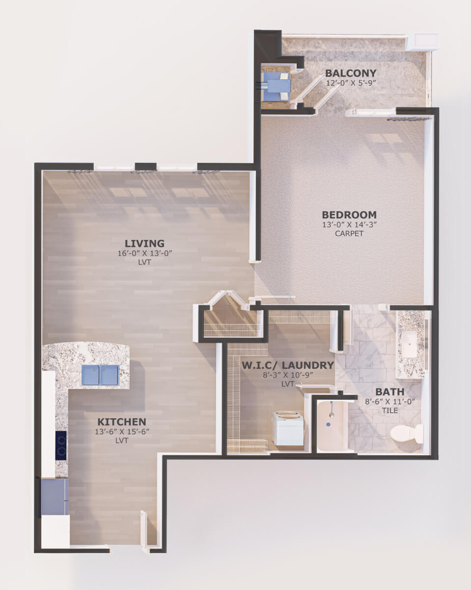 A detailed floor plan of an apartment featuring a living room, kitchen, bedroom, and bathroom.