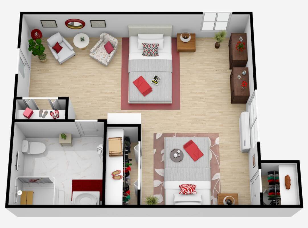 An overhead view of a two-bedroom apartment layout with a living room, kitchen, and bathroom.
