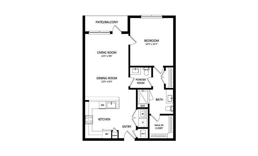A floor plan of a one-bedroom apartment with designated areas for the kitchen, living room, bathroom, and balcony.
