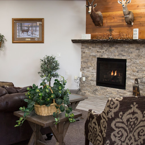A cozy living room featuring a stylish fireplace, comfortable seating, and decorative plants.
