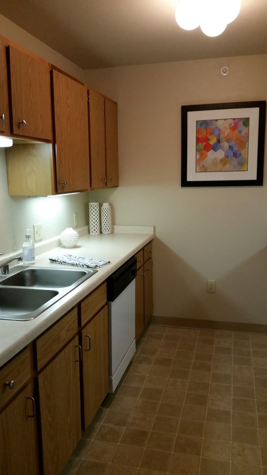 A modern kitchen with wooden cabinets, a double sink, and colorful artwork on the wall.