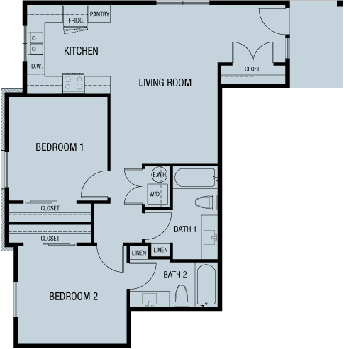 A floor plan of a two-bedroom apartment with a kitchen, living room, and two bathrooms.