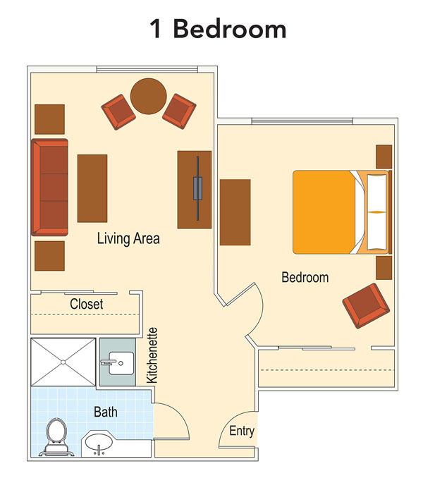 A floor plan of a one-bedroom apartment featuring a living area, bedroom, kitchen, and bathroom.