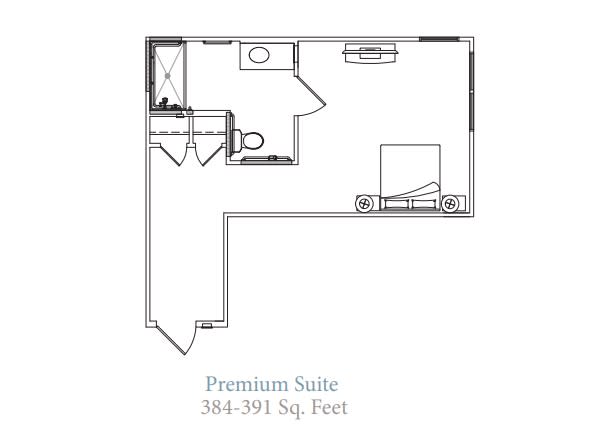 Floor plan of a Premium Suite ranging from 384 to 391 square feet.