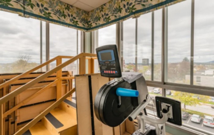 A gym with exercise equipment and a staircase, overlooking a scenic view through large windows.