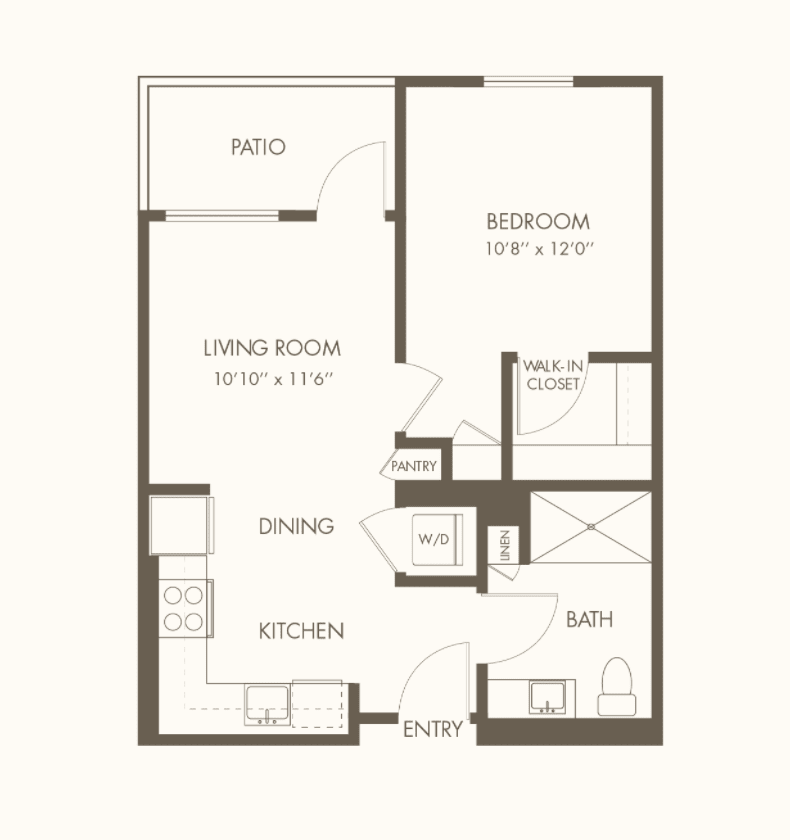 A one-bedroom apartment floor plan showing the layout of rooms including the kitchen, dining area, bedroom, bathroom, and patio.