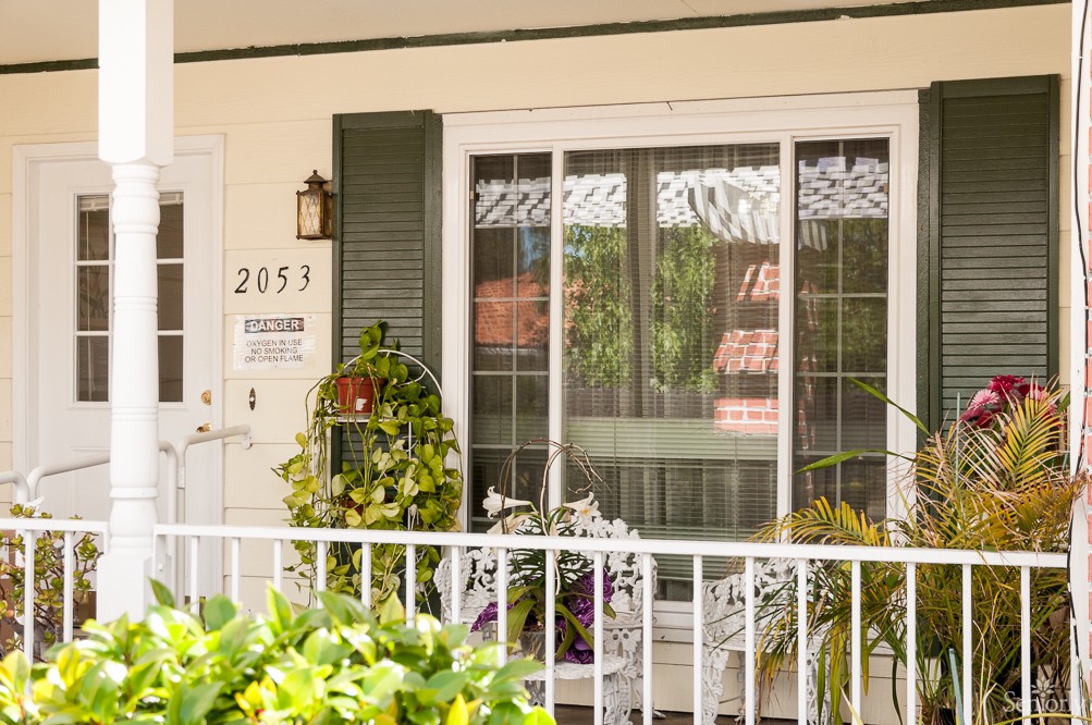 A cozy porch with lush plants in front of a windowed house.