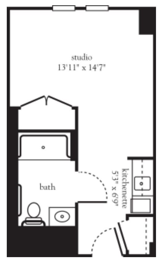 Studio apartment floor plan with dimensions for the main area and kitchenette.