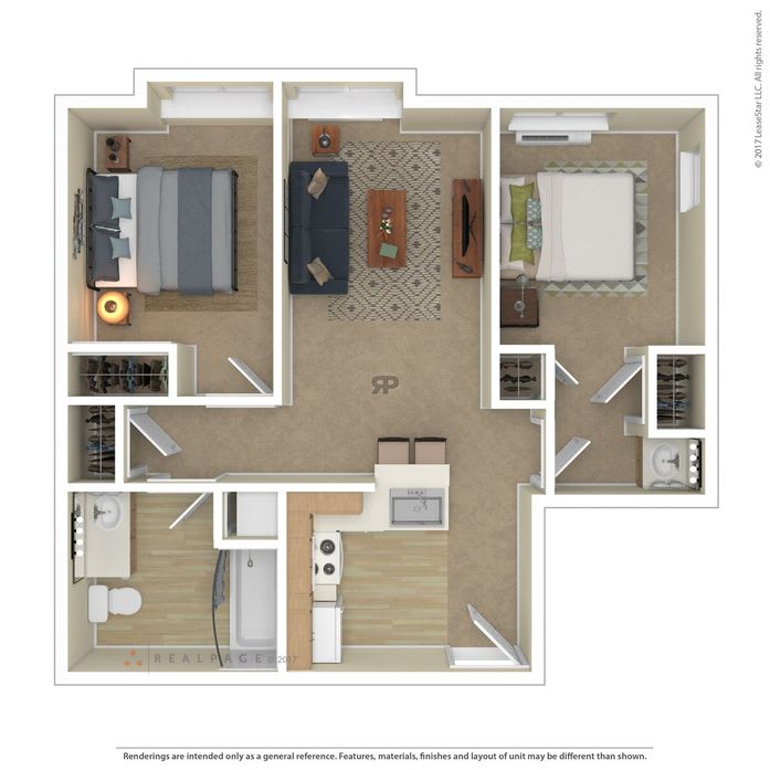 A two-bedroom apartment floor plan with a living room, kitchen, and bathroom.