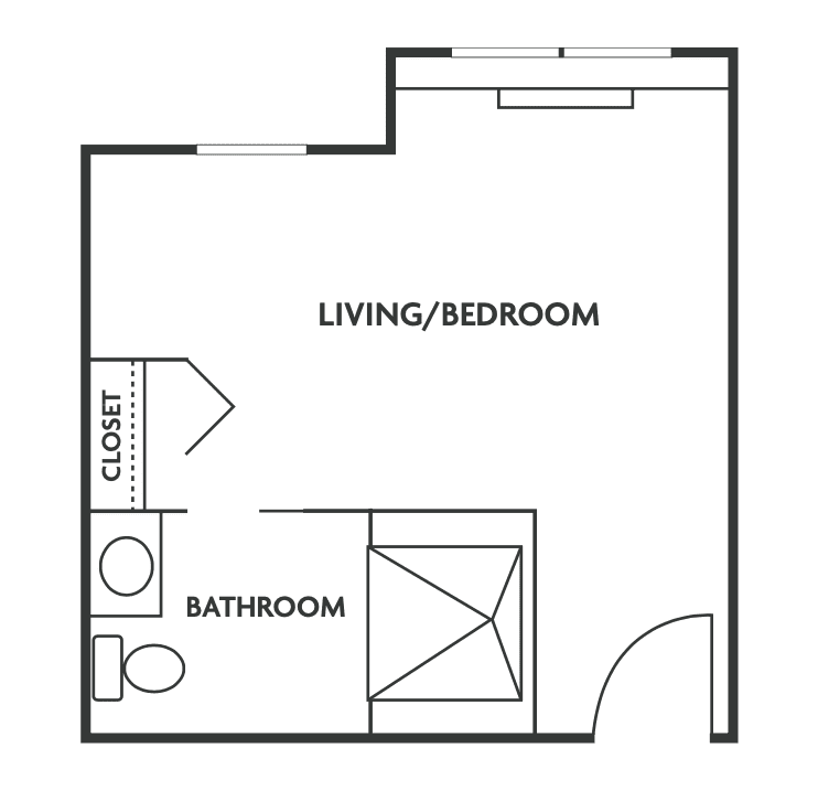A simple studio apartment floor plan layout.