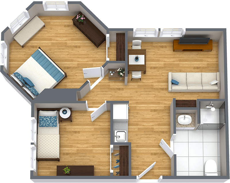 A 3D rendering of a small apartment floor plan with a bedroom, living area, kitchen, and bathroom.