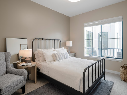 A cozy modern bedroom featuring a stylish metal bed frame and soft decor.