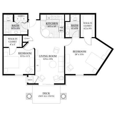 A floor plan of a two-bedroom apartment layout with labeled rooms and features.