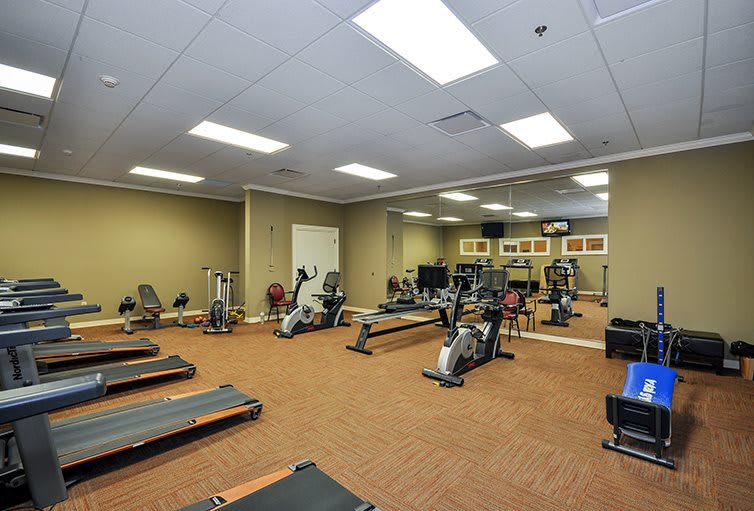 A well-equipped gym featuring treadmills, exercise bikes, and a mirrored wall.