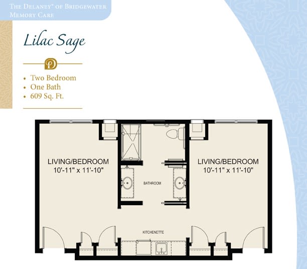 A floor plan labeled 'Lilac Sage' featuring a two-bedroom, one-bath apartment layout totaling 800 sq. ft.