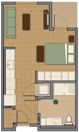 A detailed floor plan of an apartment, showing a bedroom, kitchen, living area, and bathroom.