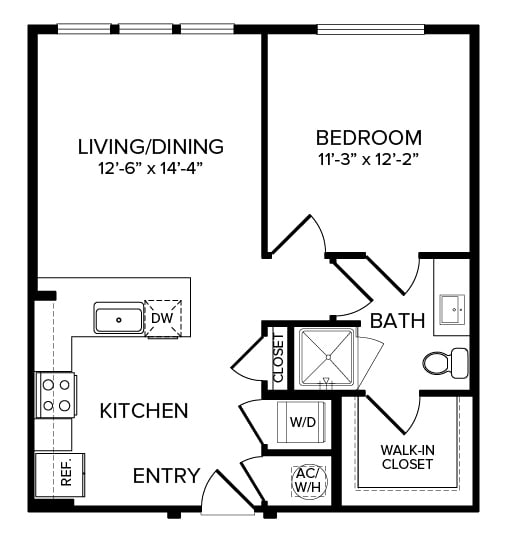 A one-bedroom apartment floor plan featuring a kitchen, living/dining area, bathroom, and walk-in closet.