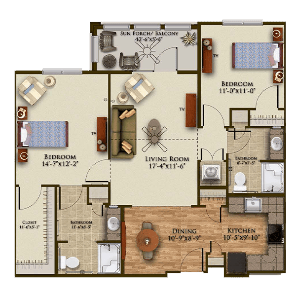 A floor plan of a two-bedroom apartment with a living room, dining area, kitchen, and bathrooms.
