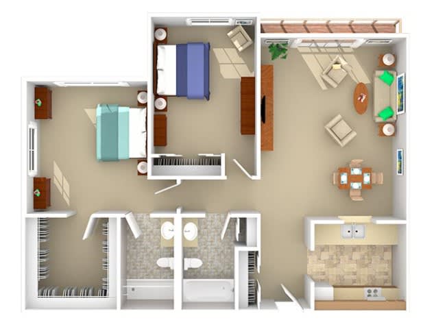 A floor plan of a two-bedroom apartment with a living room, kitchen, and bathroom.