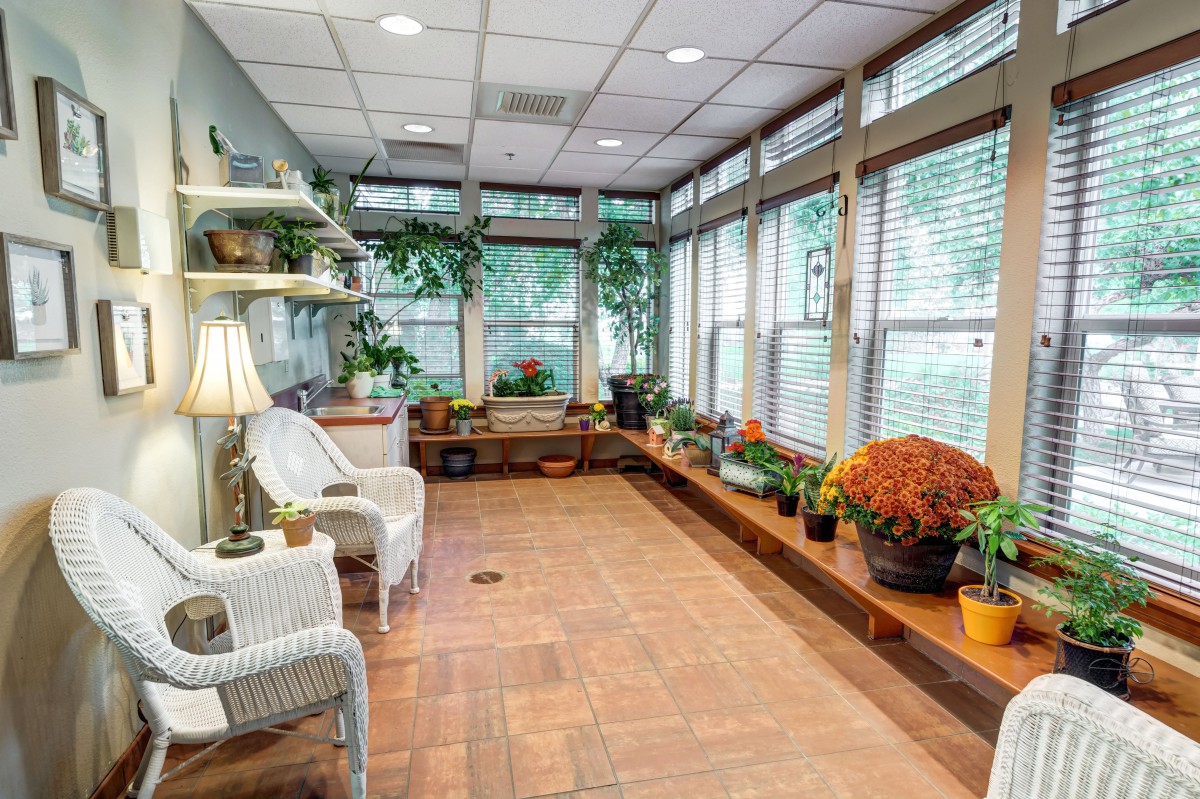 A cozy sunroom filled with natural light and adorned with indoor plants and wicker furniture.