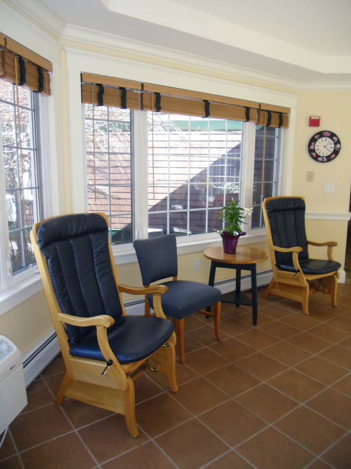 A cozy waiting area with chairs and natural lighting from large windows.