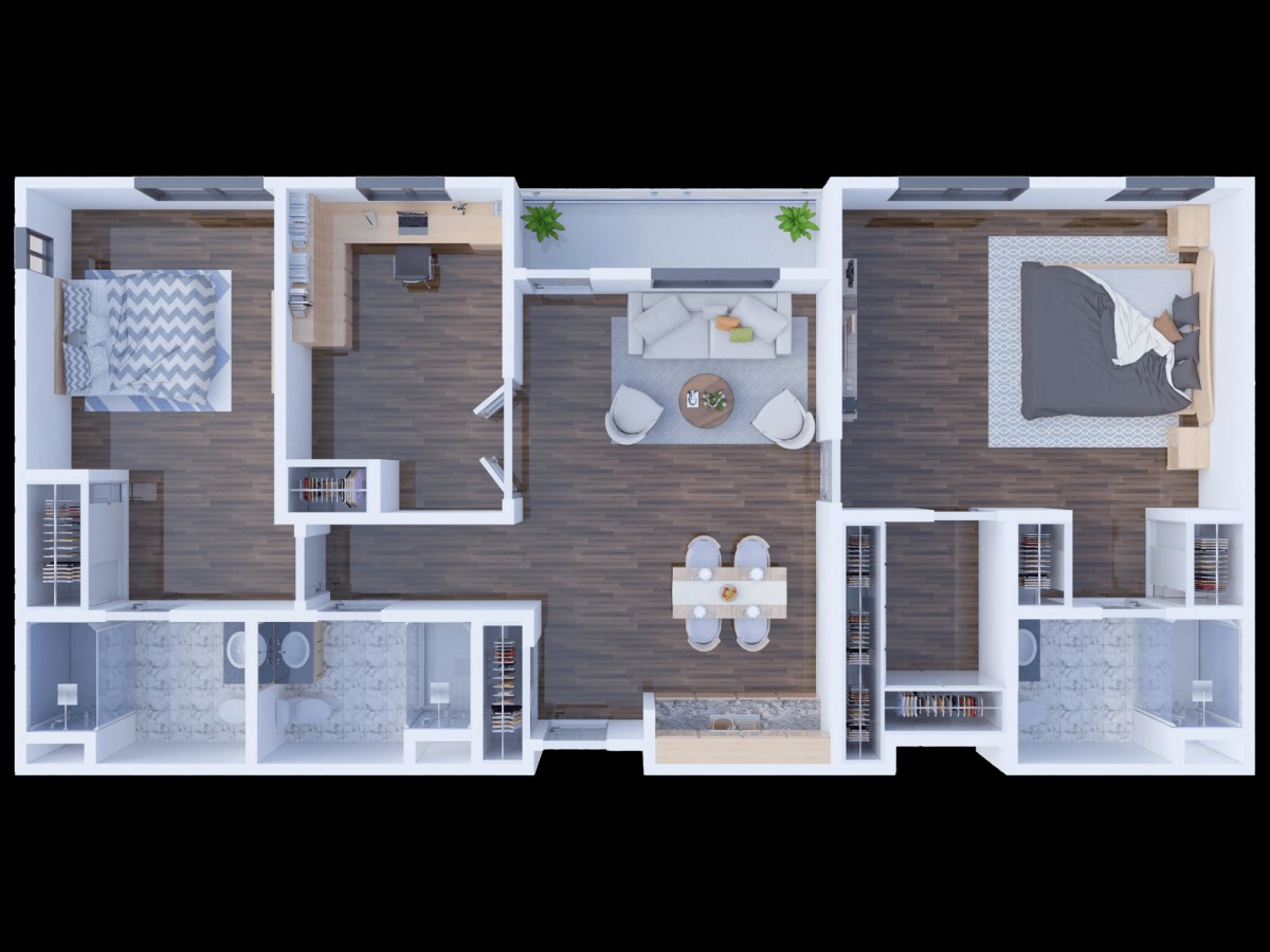 A detailed floor plan of a modern apartment featuring multiple rooms.