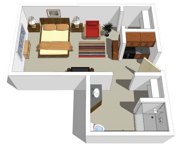 A 3D rendered floor plan of a small apartment showing a bedroom, living area, kitchen, and bathroom.