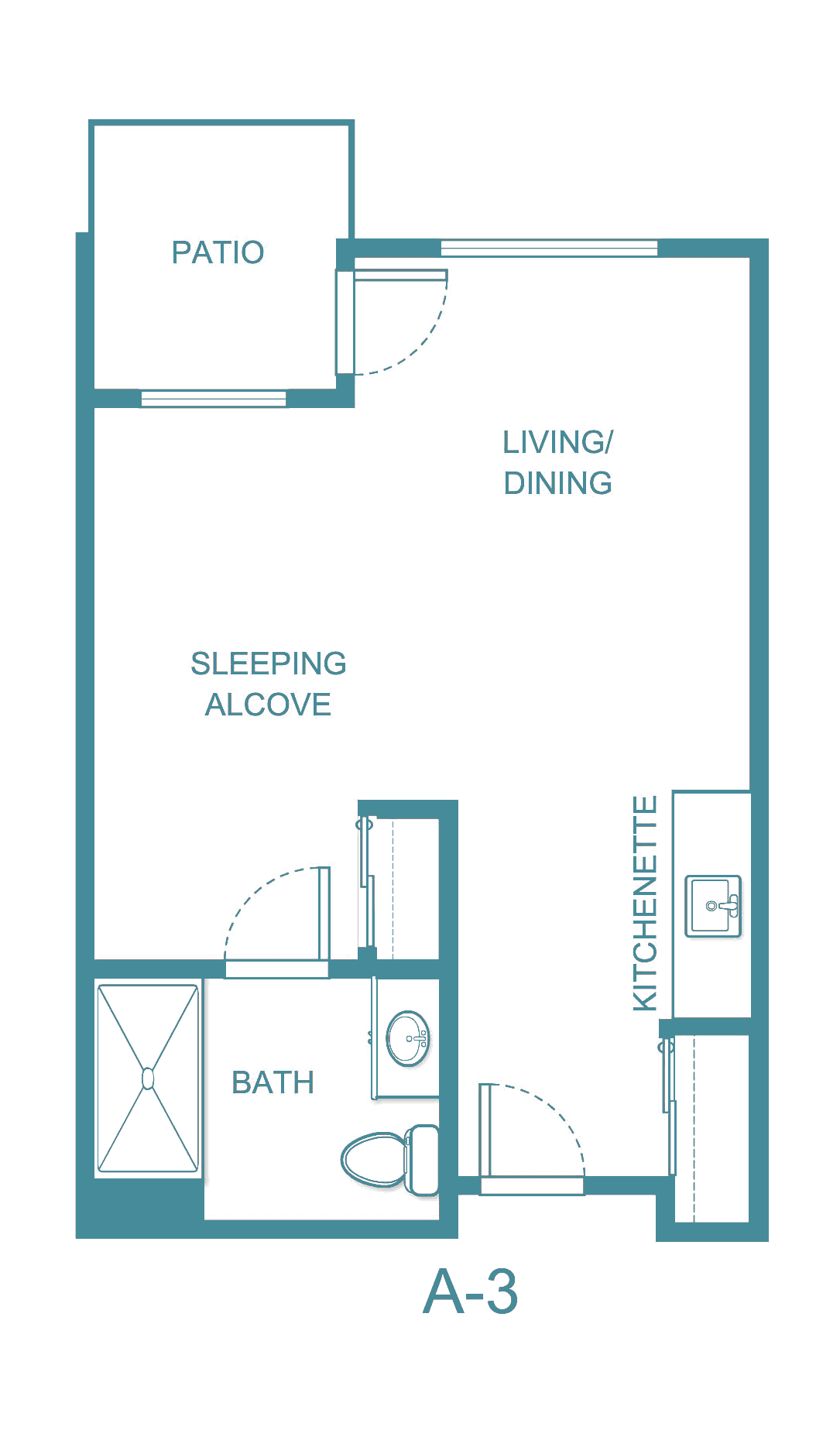 Studio apartment floor plan with a sleeping alcove, living/dining area, kitchenette, and bathroom.