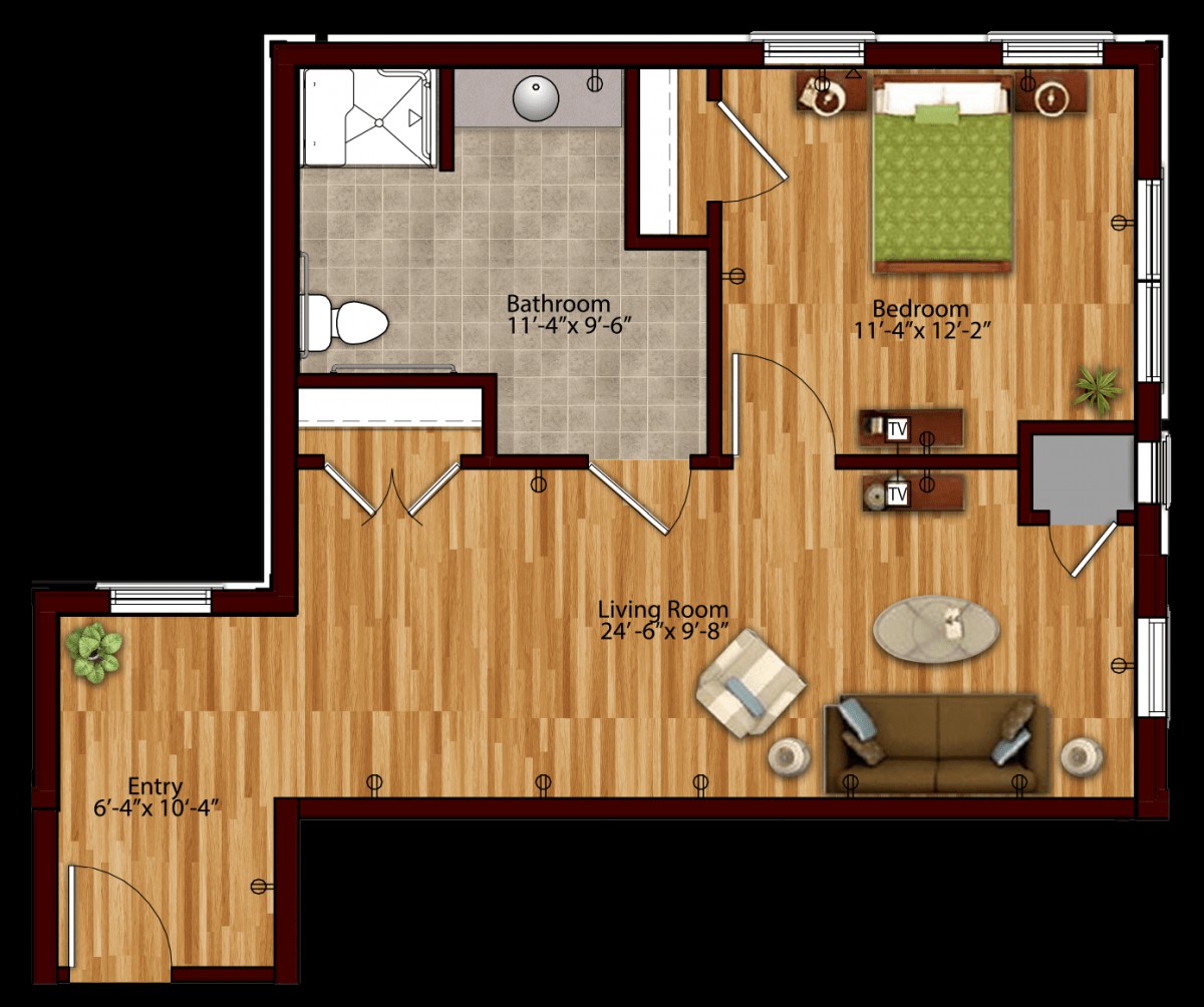 A detailed floor plan of an apartment showing the layout of rooms and furniture.