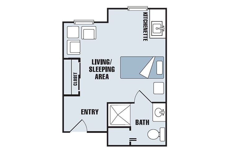 A floor plan of a studio apartment featuring a living/sleeping area, kitchenette, and bathroom.