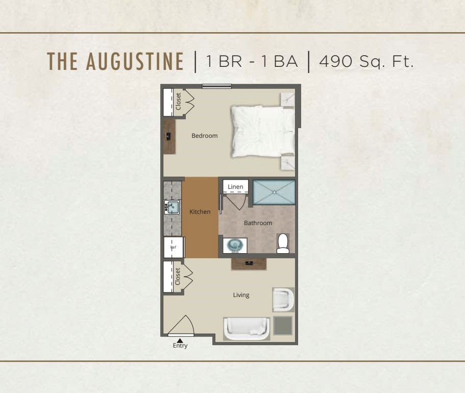 Floor plan of The Augustine: a 1-bedroom, 1-bathroom apartment with an area of 490 square feet.