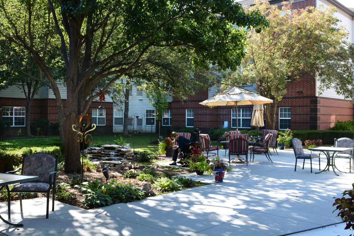 A peaceful garden patio with chairs and umbrellas on a sunny day.