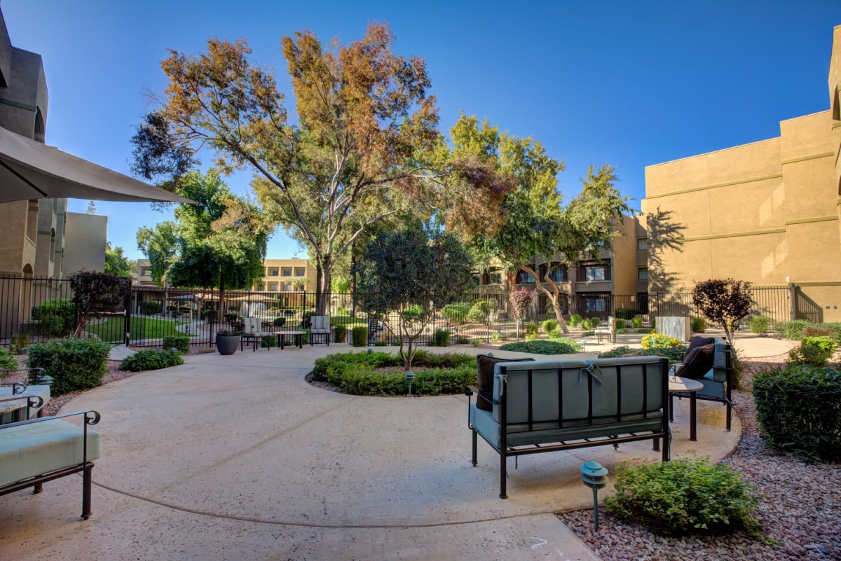 A tranquil outdoor setting featuring benches, lush trees, and well-maintained pathways under a clear blue sky.