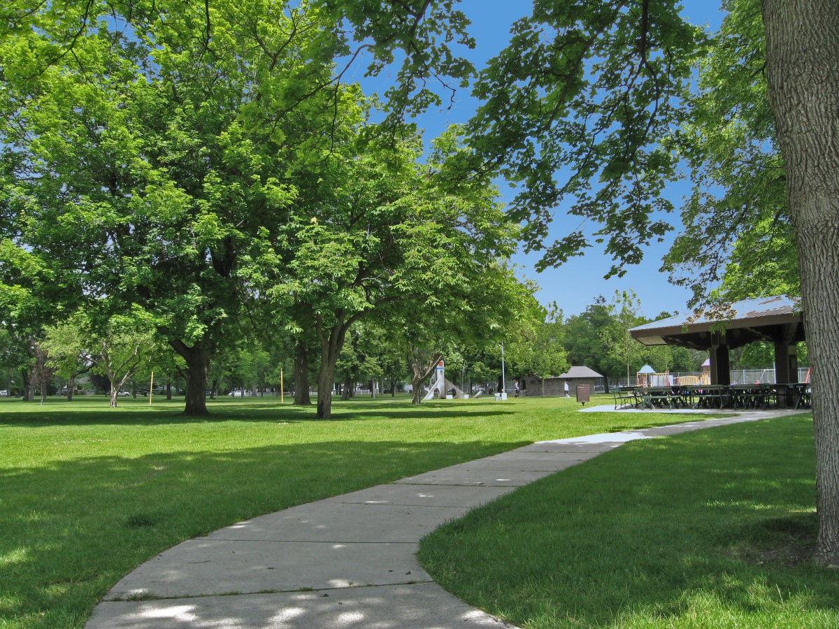 A sunny day in a park with lush green trees, a winding pathway, and a gazebo.