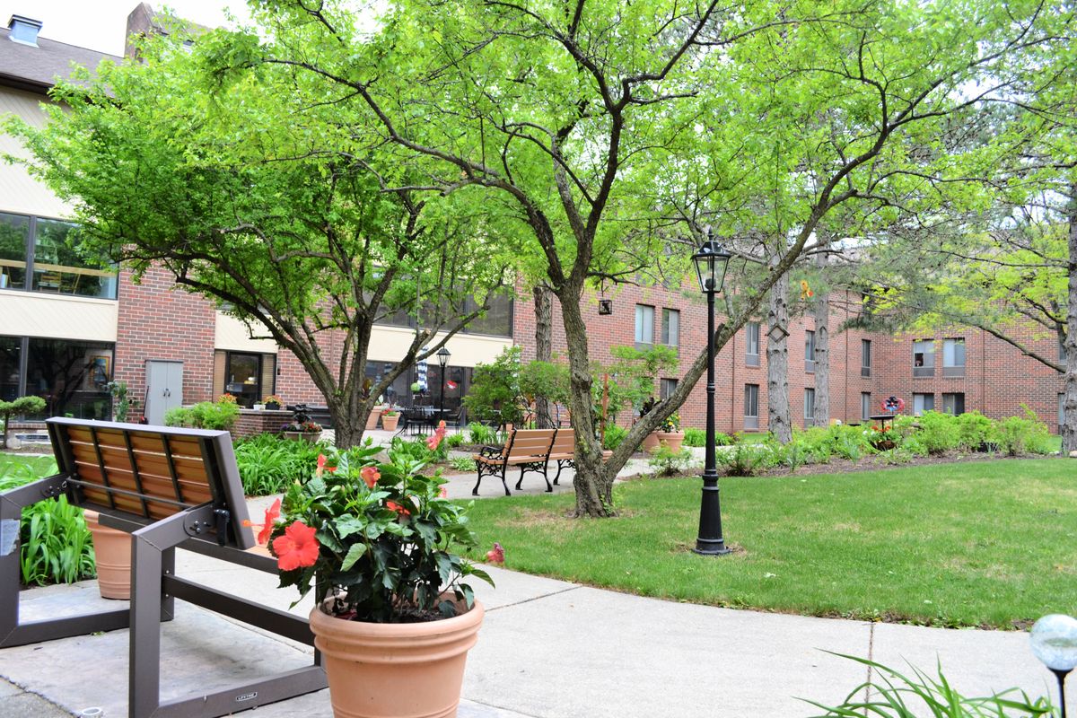 A serene outdoor garden area with benches, potted plants, and lush greenery.