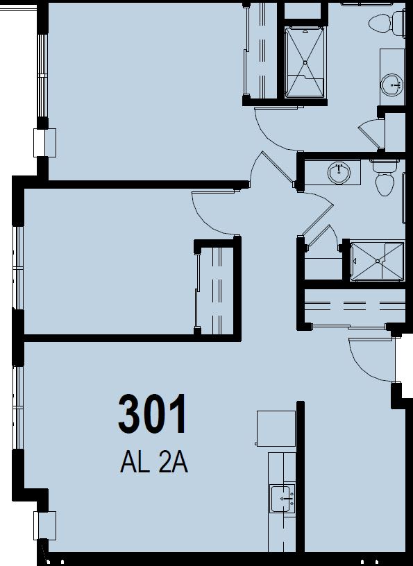This image shows a floor plan for an apartment, labeled as unit 301 with the designation AL 2A.