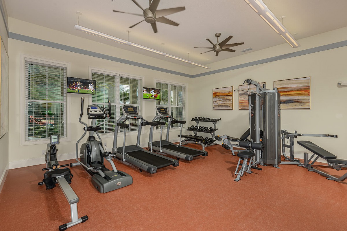 A well-equipped gym with treadmills, exercise bikes, weights, and strength training machines.