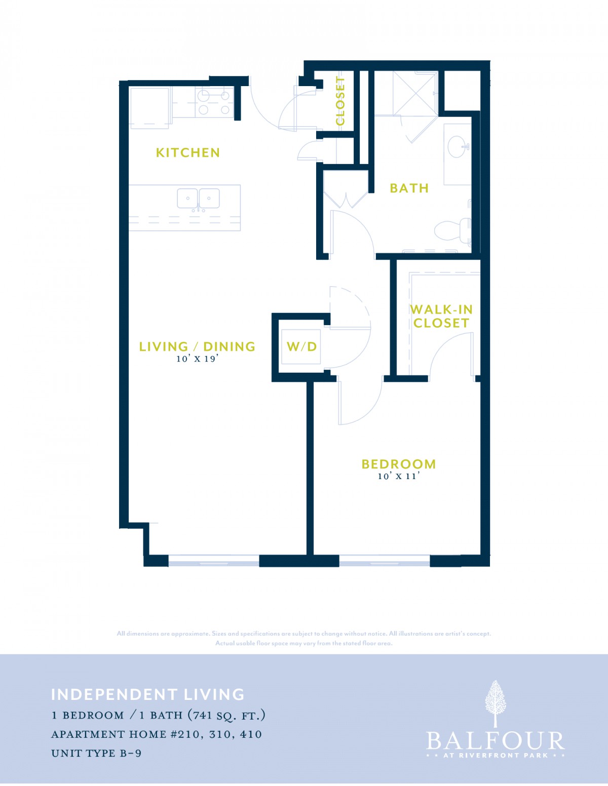 A floor plan of a one-bedroom apartment with designated areas for the kitchen, living room, bathroom, and storage.