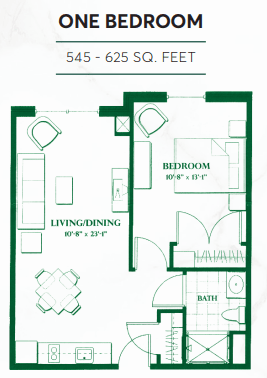 A floor plan of an apartment showing the layout of a living/dining area, bedroom, bathroom, and kitchen space.