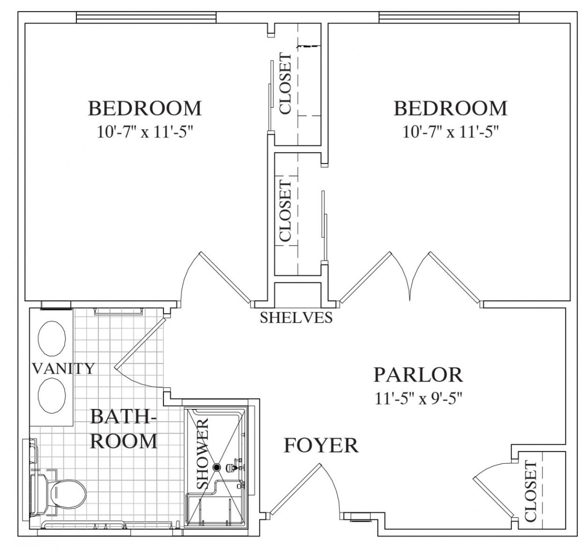 A floor plan showing the layout of an apartment with two bedrooms, a bathroom, a parlor, and a foyer.