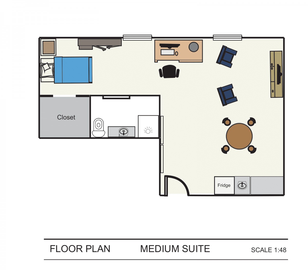 This is a floor plan of a medium suite, showcasing the layout and arrangement of furniture and rooms.