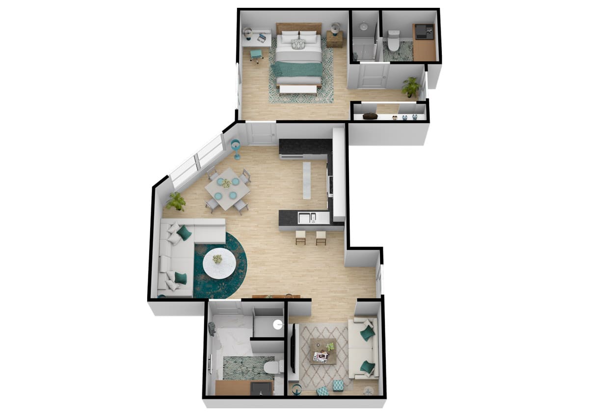A 3D floor plan of a two-bedroom apartment showing the layout with living room, kitchen, and bathrooms.