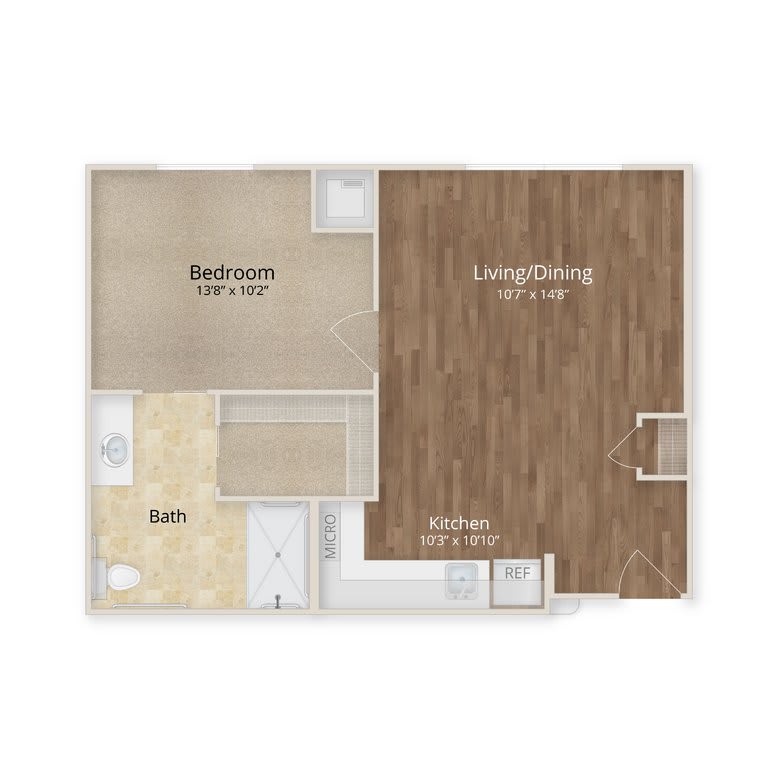 A floor plan of a one-bedroom apartment with designated living room, kitchen, and bathroom areas.