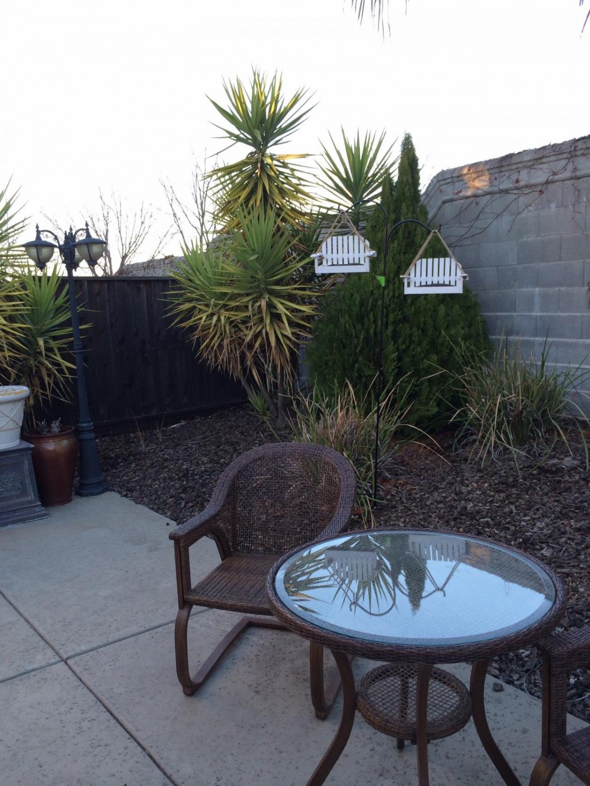 A cozy patio with a glass-top table and wicker chair, surrounded by lush greenery.