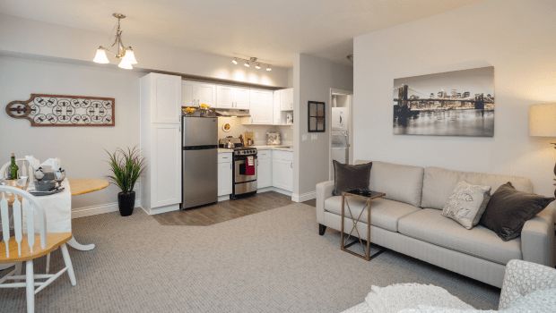A cozy modern apartment featuring a small kitchen and a comfortable living area with a sofa.