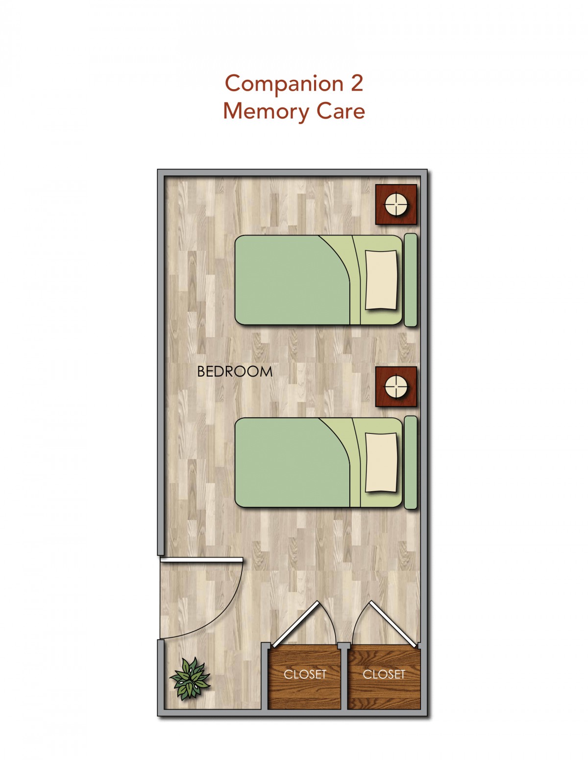 A floor plan of a memory care room with two beds.
