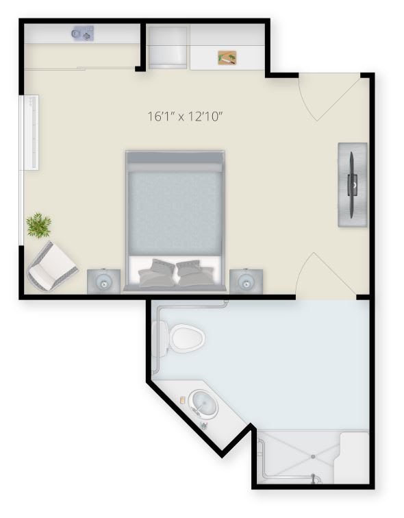 Floor plan of a bedroom with furniture and bathroom inclusion.
