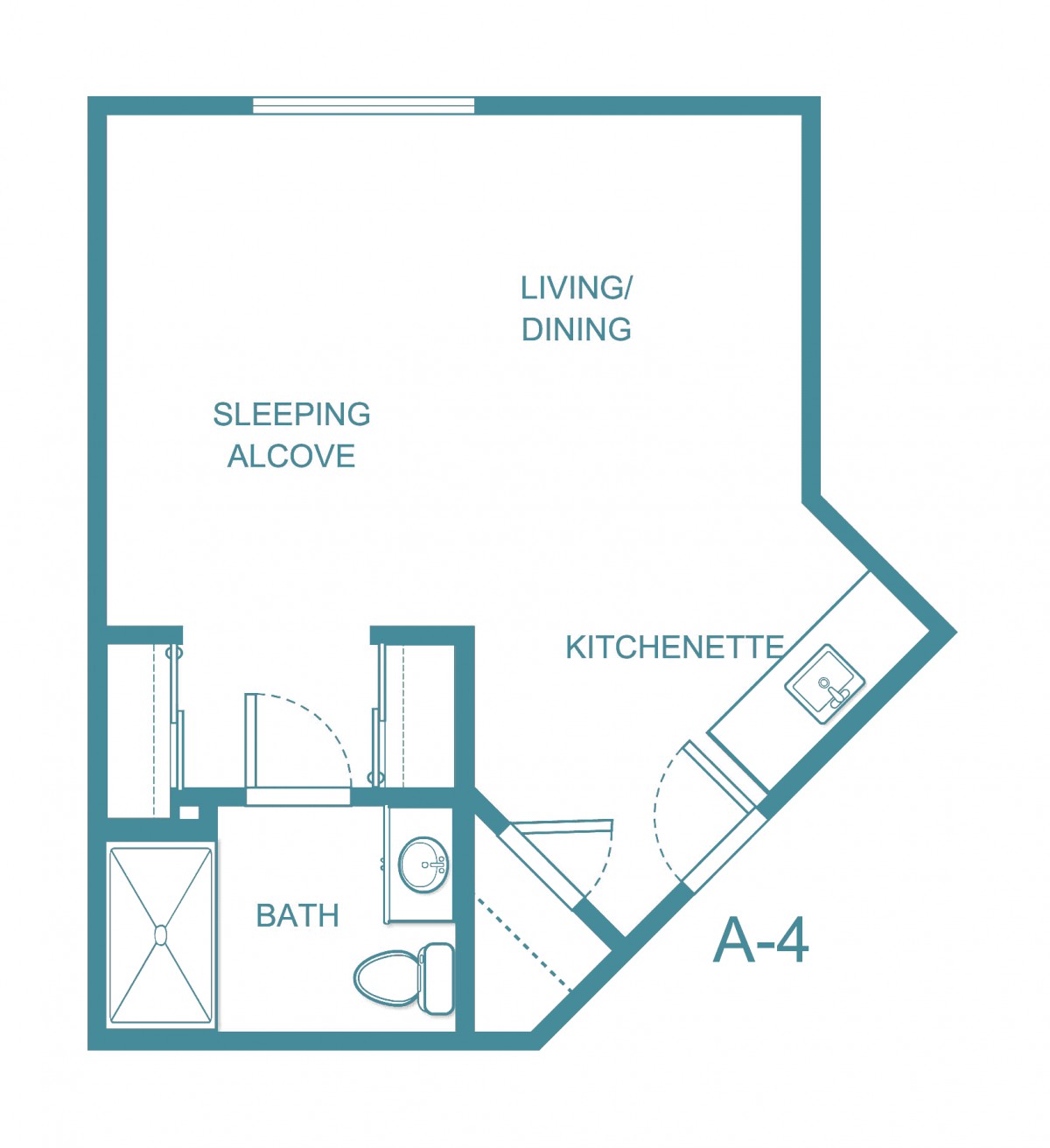 A floor plan of a studio apartment featuring a sleeping alcove, living/dining area, kitchenette, and bathroom.