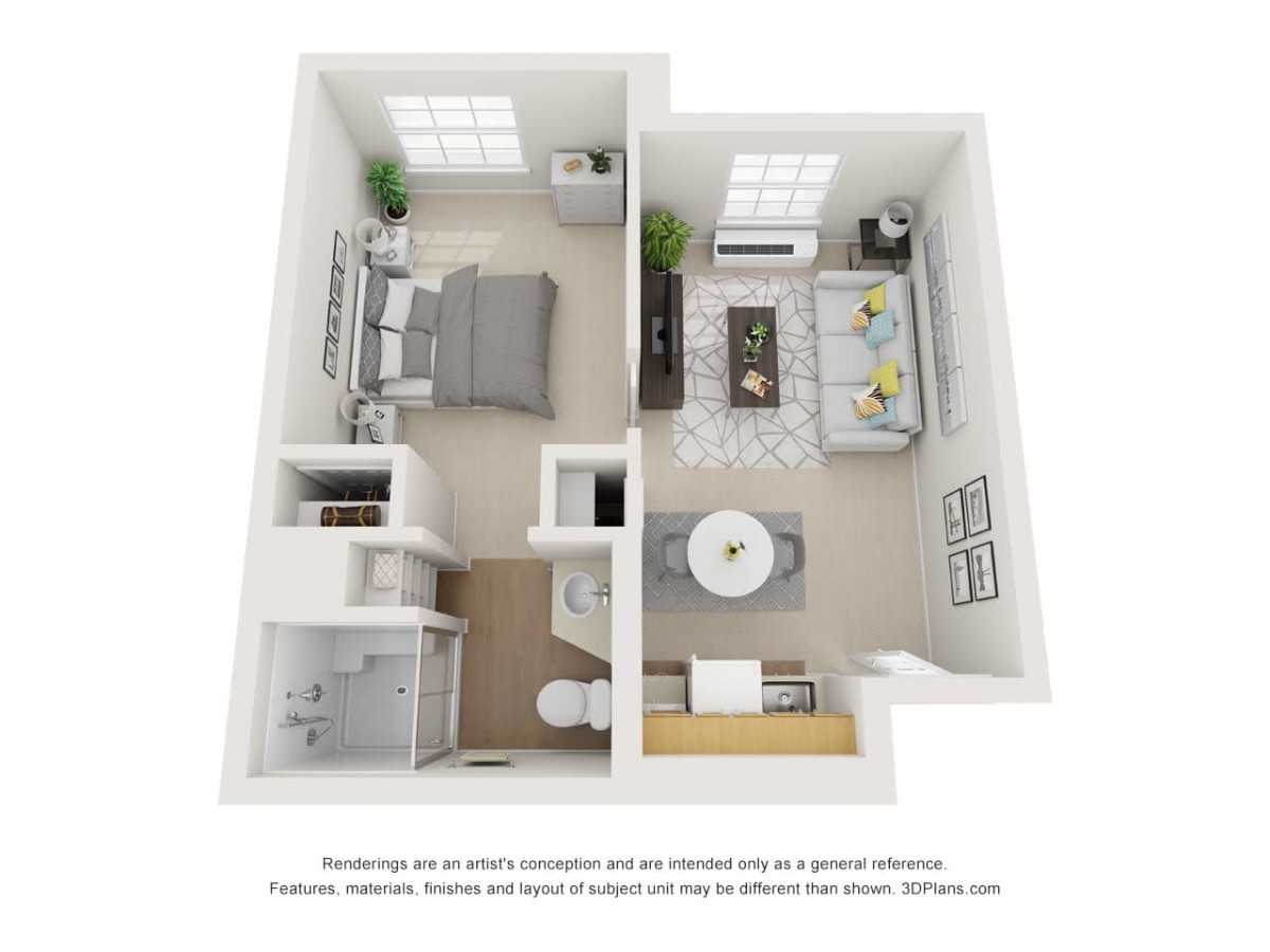 A 3D rendering of a one-bedroom apartment floor plan featuring a bedroom, bathroom, kitchen, and living area.