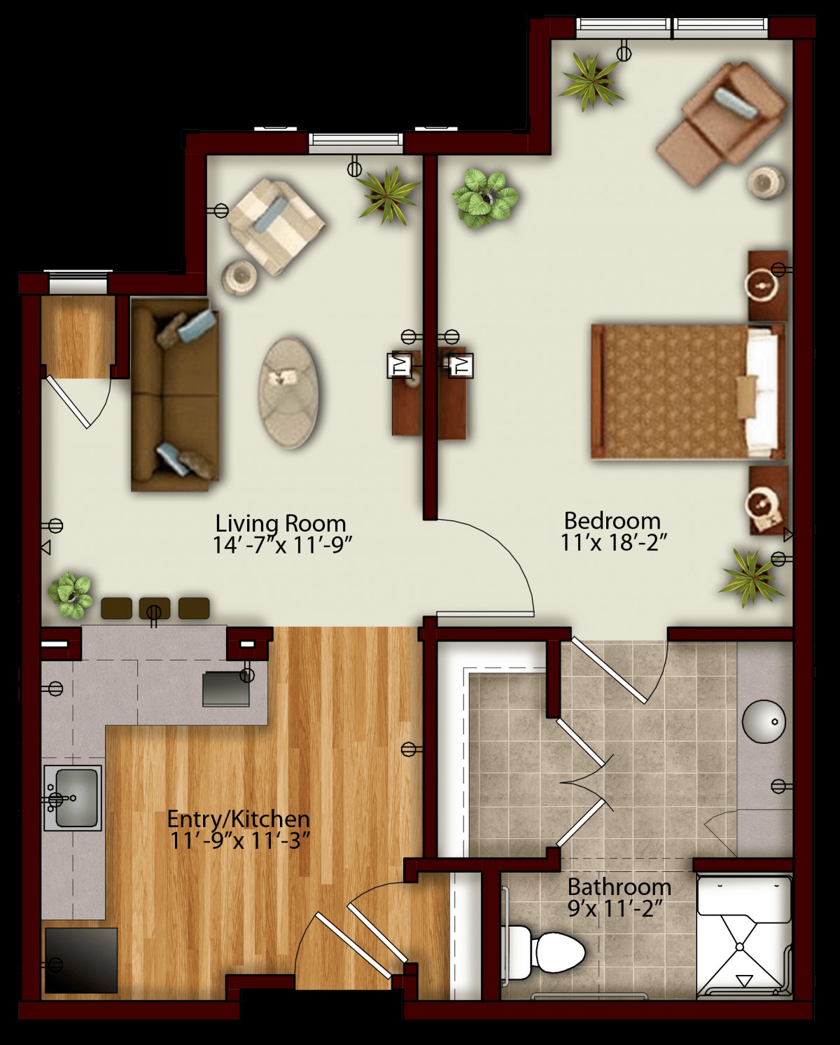 A detailed floor plan of a one-bedroom apartment featuring a living room, kitchen, and bathroom.